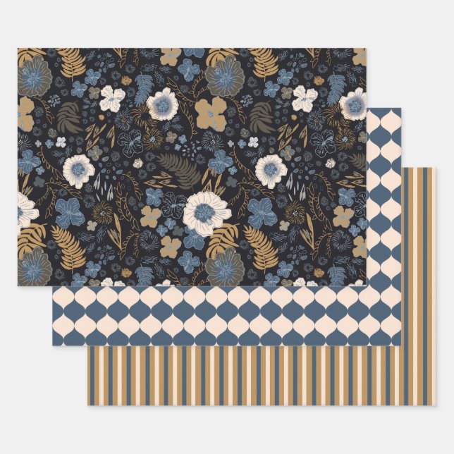 Tropical Hibiscus, Stripes, Ornaments Blue Holiday Wrapping Paper Sheets (Set)