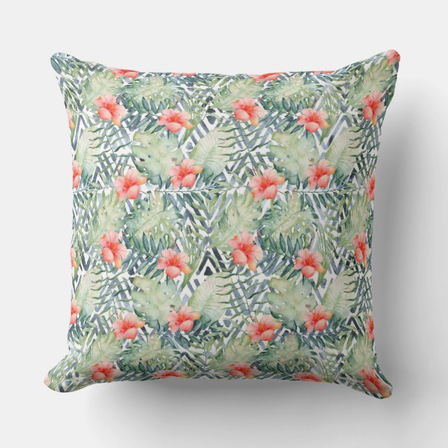 Tropical Hibiscus Tribal Floral Throw Pillow (Front)