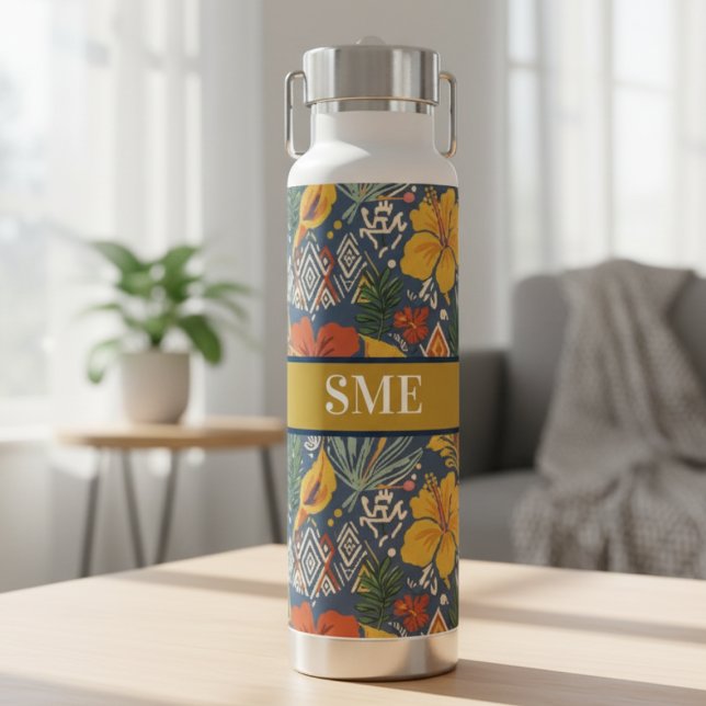 Tropical Hibiscus Tribal Pattern Gift for Her Water Bottle (Afro Bohemian Floral Water Bottle)