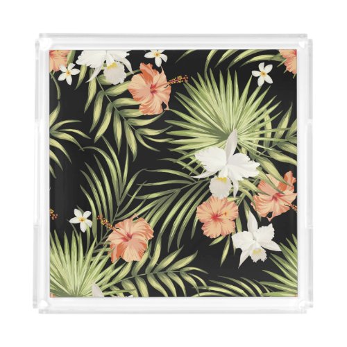 Tropical Hibiscus Vintage Floral Pattern Acrylic Tray