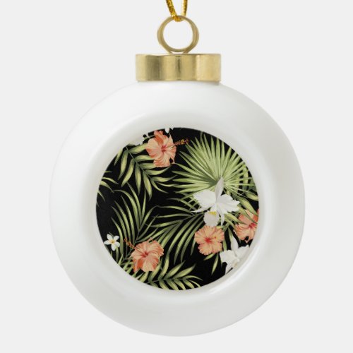 Tropical Hibiscus Vintage Floral Pattern Ceramic Ball Christmas Ornament