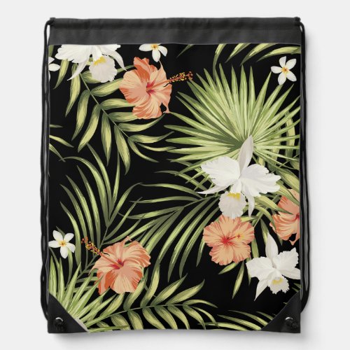 Tropical Hibiscus Vintage Floral Pattern Drawstring Bag