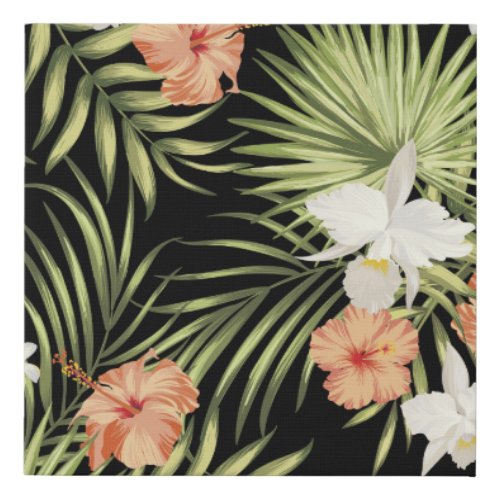 Tropical Hibiscus Vintage Floral Pattern Faux Canvas Print