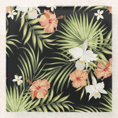 Tropical Hibiscus Vintage Floral Pattern Glass Coaster