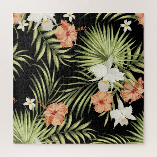 Tropical Hibiscus Vintage Floral Pattern Jigsaw Puzzle
