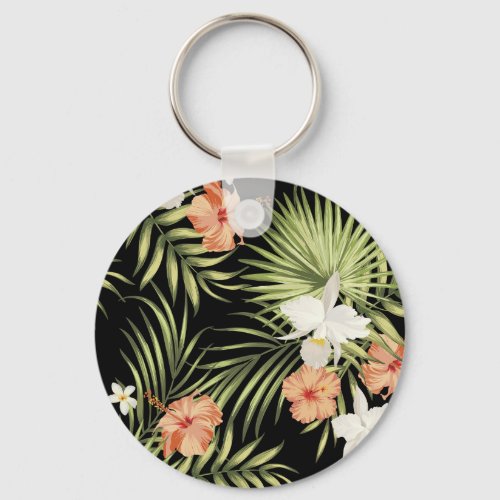 Tropical Hibiscus Vintage Floral Pattern Keychain