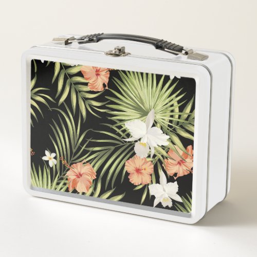 Tropical Hibiscus Vintage Floral Pattern Metal Lunch Box