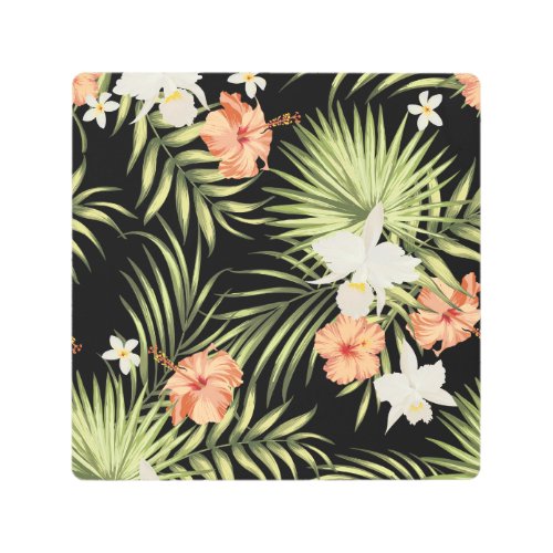 Tropical Hibiscus Vintage Floral Pattern Metal Print