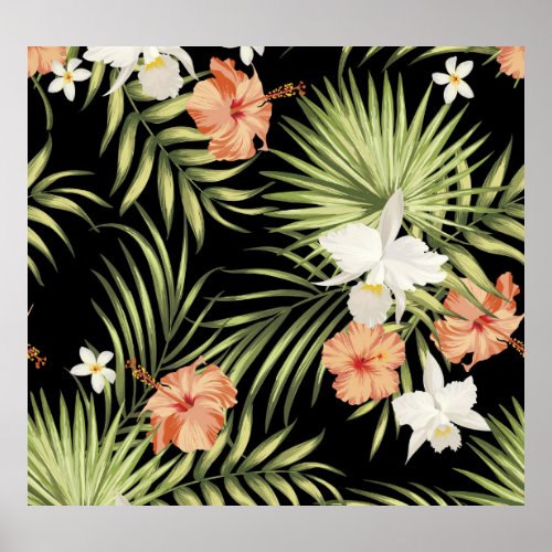 Tropical Hibiscus Vintage Floral Pattern Poster