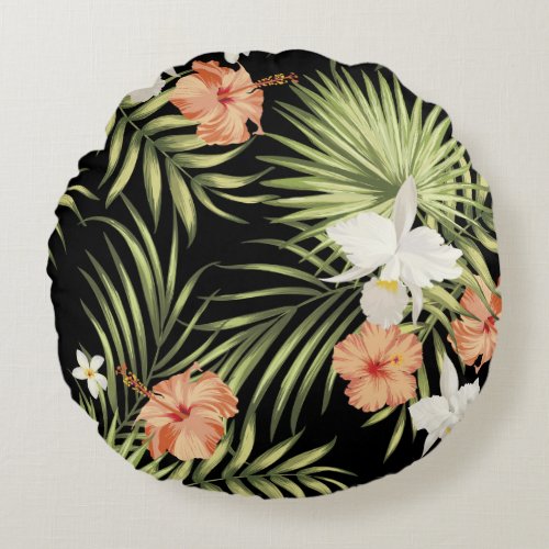 Tropical Hibiscus Vintage Floral Pattern Round Pillow