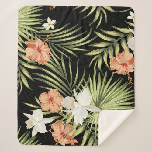 Tropical Hibiscus Vintage Floral Pattern Sherpa Blanket