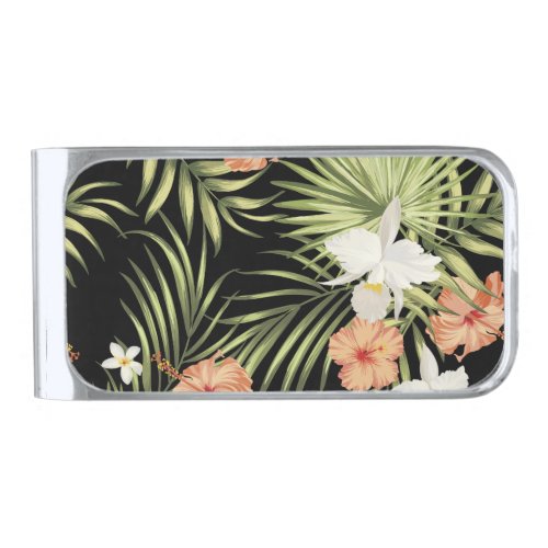 Tropical Hibiscus Vintage Floral Pattern Silver Finish Money Clip