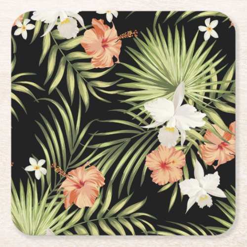 Tropical Hibiscus Vintage Floral Pattern Square Paper Coaster