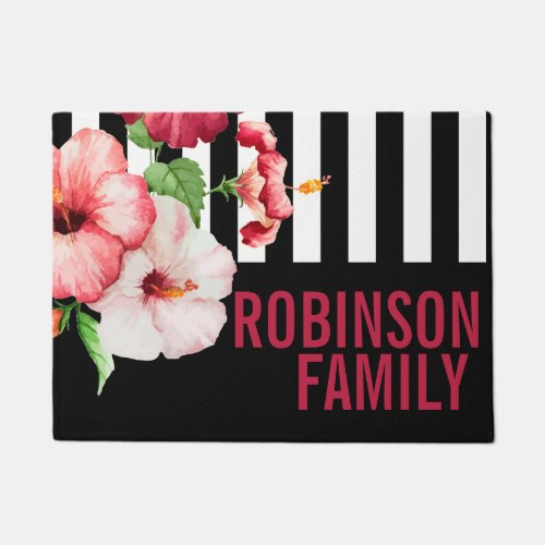 Tropical Hibiscus Vintage Florals Bold STRIPE Text Doormat