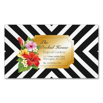 Tropical Hibiscus W/thick Striped Pattern Business Card Magnet by artNimages at Zazzle