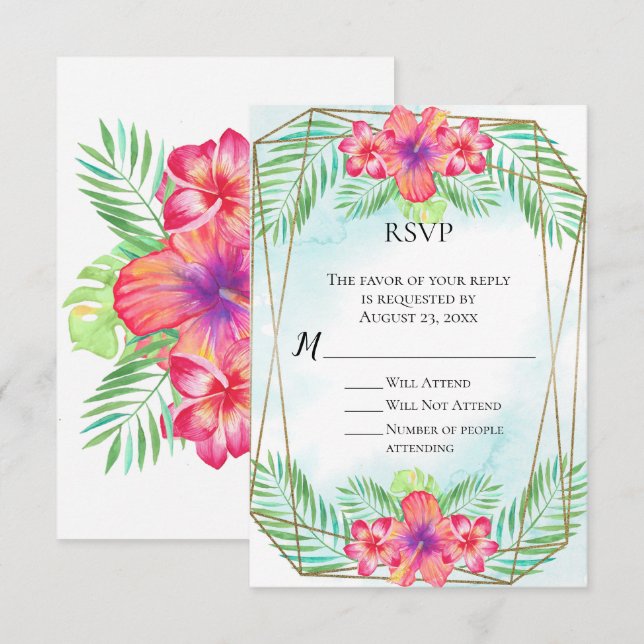 Tropical Hibiscus Watercolor Beach Wedding RSVP Invitation (Front/Back)