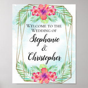 Tropical Hibiscus Watercolor Beach Wedding Welcome Poster