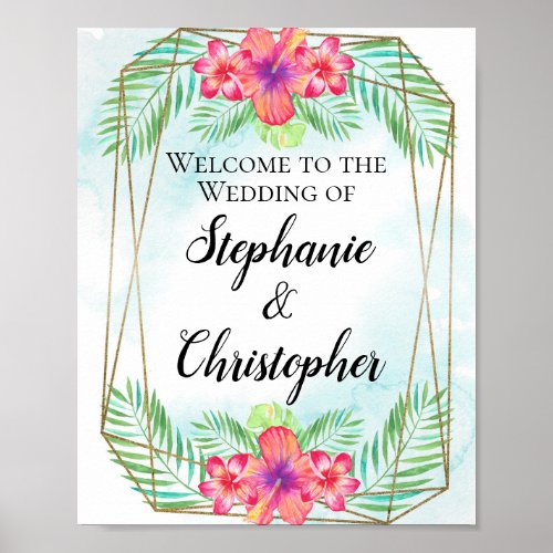 Tropical Hibiscus Watercolor Beach Wedding Welcome Poster