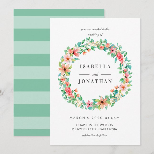 Tropical Hibiscus | Watercolor Full Wreath wedding Invitation (Front/Back)