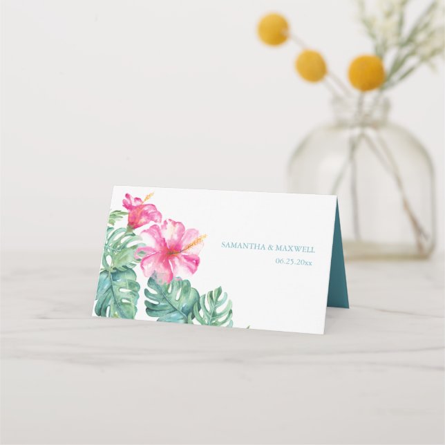 Tropical Hibiscus & Watercolor Greenery Wedding Place Card (Back)