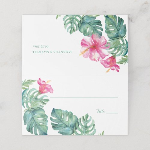 Tropical Hibiscus  Watercolor Greenery Wedding Place Card