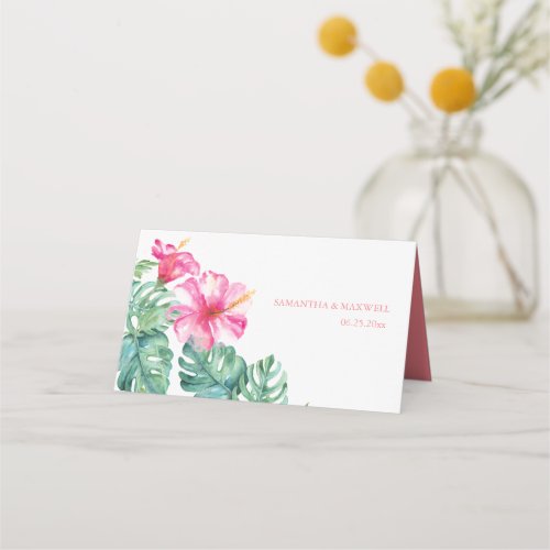Tropical Hibiscus  Watercolor Greenery Wedding Place Card