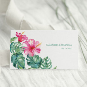 Tropical Hibiscus & Watercolor Greenery Wedding Place Card