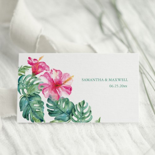 Tropical Hibiscus  Watercolor Greenery Wedding Place Card