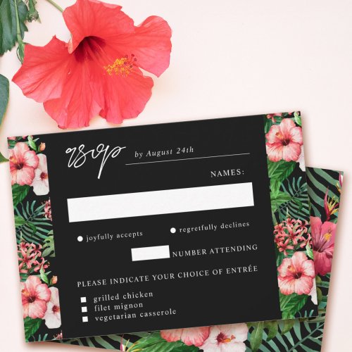 Tropical Hibiscus Watercolor Meal Choice Black RSVP Card