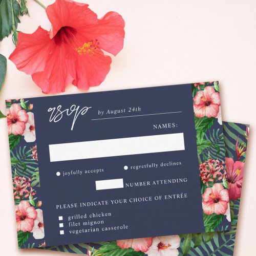 Tropical Hibiscus Watercolor Meal Choice Navy RSVP Card