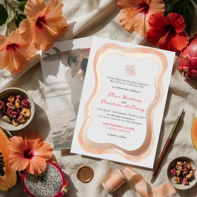 Tropical Hibiscus Wavy Border Vibrant Wedding Foil Invitation (Invite guests to your destination wedding day with this Tropical Hibiscus Wavy Border Foil Invite!)