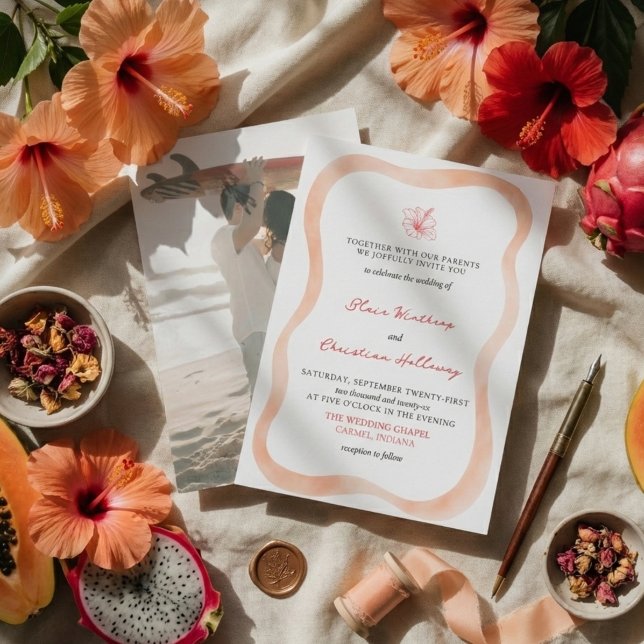 Tropical Hibiscus Wavy Border Vibrant Wedding Invitation (Invite guests to your destination wedding day with this Tropical Hibiscus Wavy Border Invite!)