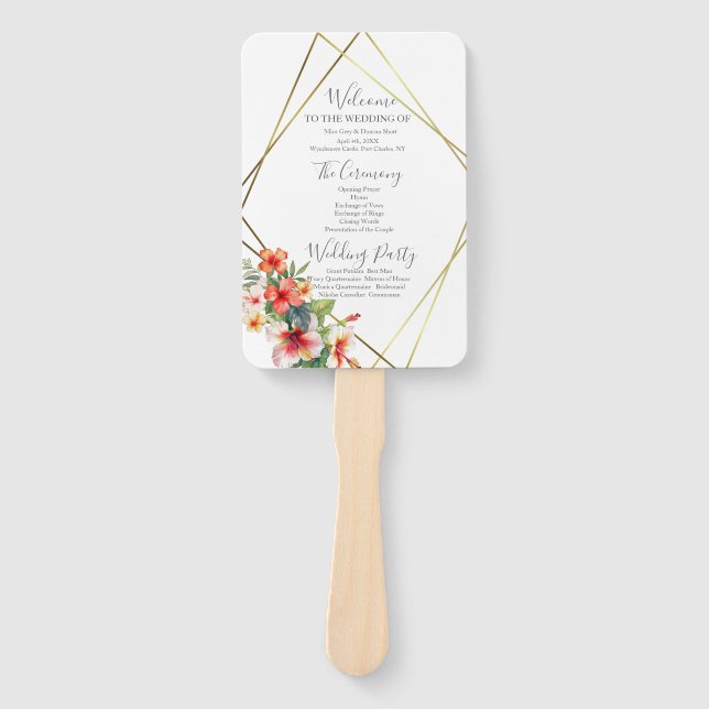 Tropical Hibiscus Wedding Program Hand Fan (Front)