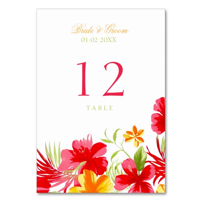 Tropical Hibiscus Wedding Table Number Card (Front)