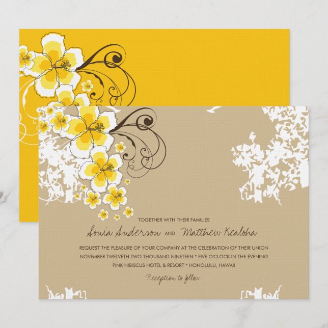 Tropical Hibiscus Yellow Luau Beach Wedding Invite (Front/Back)