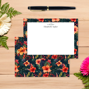 Tropical Hibiscus, Yellow Orange Green Floral Note Card