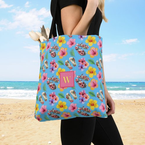 Tropical Hibuscus Flip Flops Foliage Pink Monogram Tote Bag