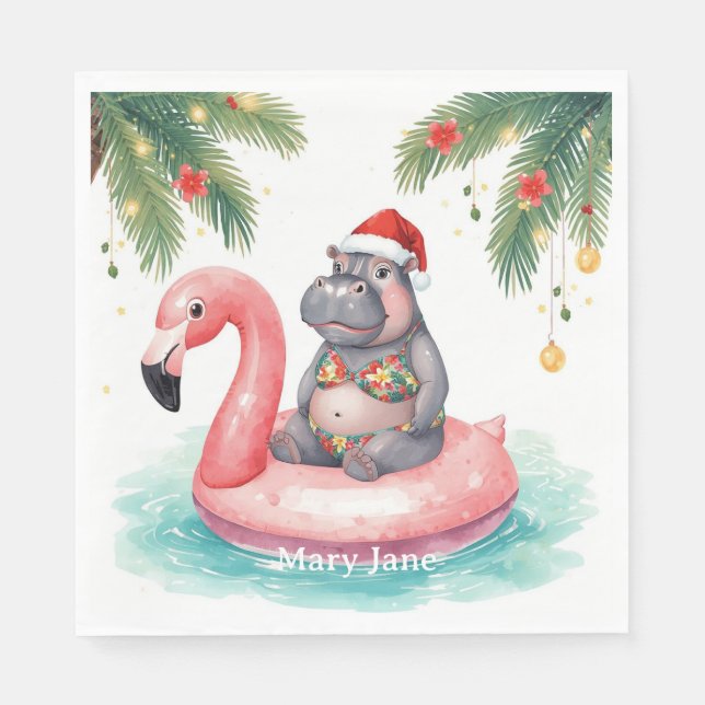 Tropical Hippo Christmas Pool Party   Napkins (Front)