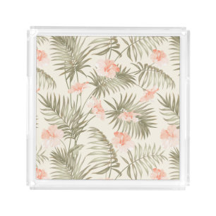 Tropical Hisbiscus Palm Tree Pattern Acrylic Tray