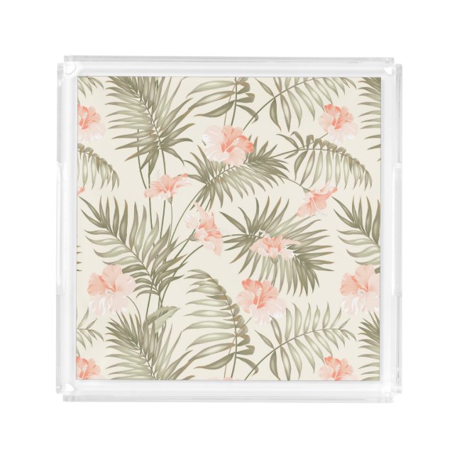 Tropical Hisbiscus Palm Tree Pattern Acrylic Tray (Front)