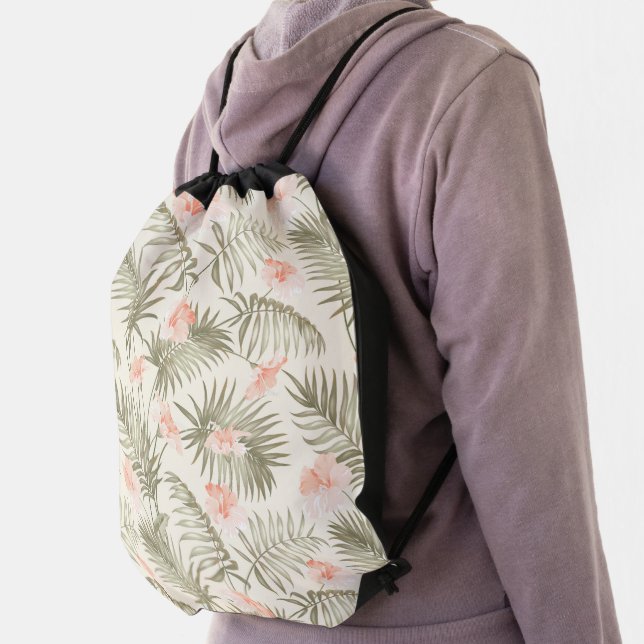 Tropical Hisbiscus Palm Tree Pattern Drawstring Bag (Insitu)