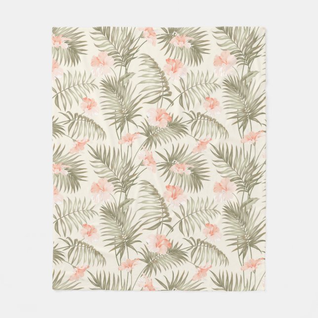 Tropical Hisbiscus Palm Tree Pattern Fleece Blanket (Front)