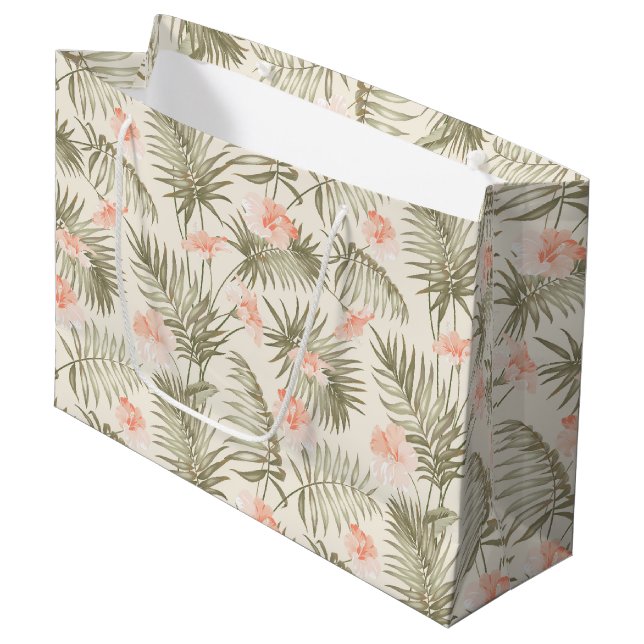 Tropical Hisbiscus Palm Tree Pattern Large Gift Bag (Front Angled)
