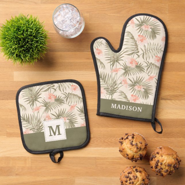 Tropical Hisbiscus Palm Tree Pattern Oven Mitt & Pot Holder Set (Top Down)