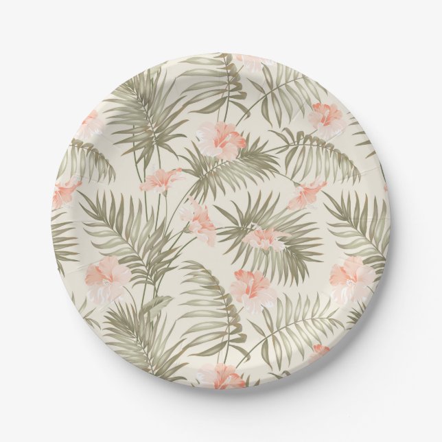 Tropical Hisbiscus Palm Tree Pattern Paper Plates (Front)