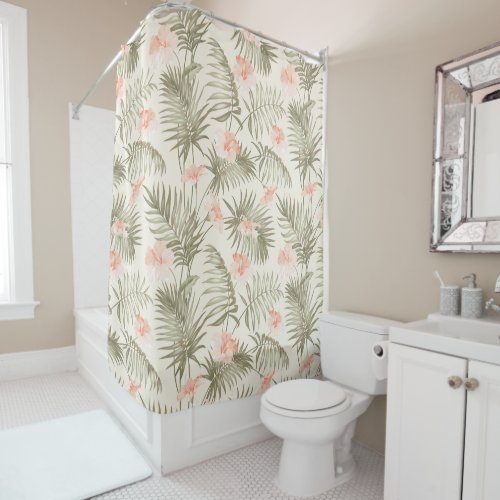 Tropical Hisbiscus Palm Tree Pattern Shower Curtain