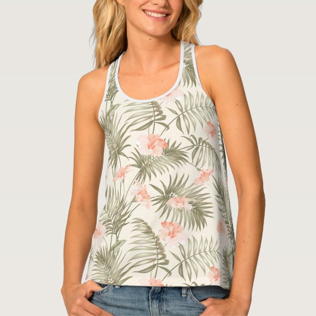 Tropical Hisbiscus Palm Tree Pattern Tank Top (Front)