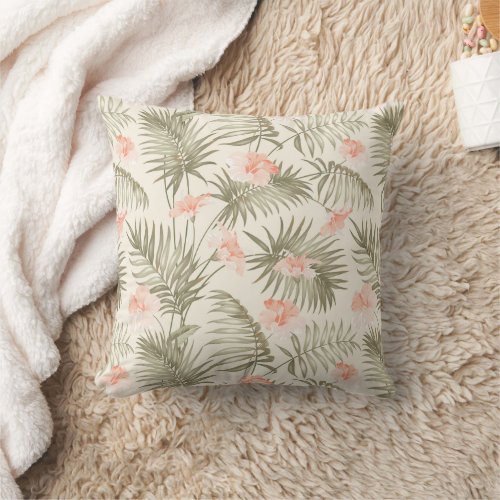 Tropical Hisbiscus Palm Tree Pattern Throw Pillow