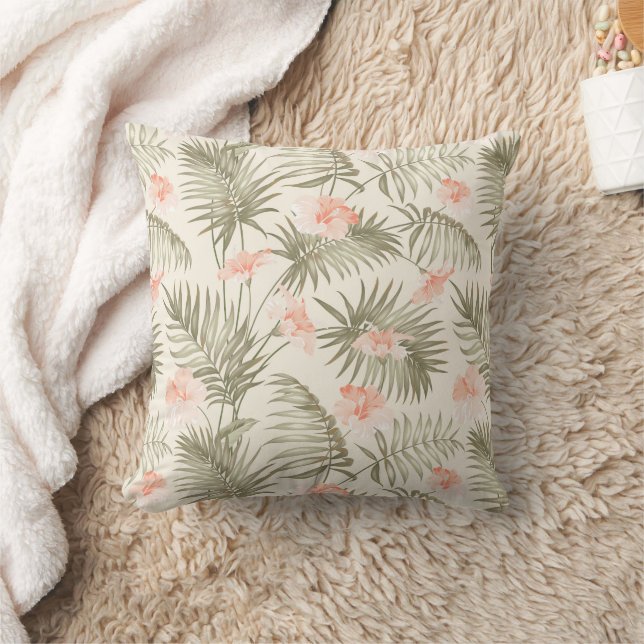 Tropical Hisbiscus Palm Tree Pattern Throw Pillow (Blanket)