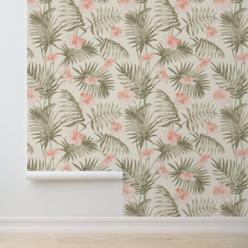 Tropical Hisbiscus Palm Tree Pattern Wallpaper